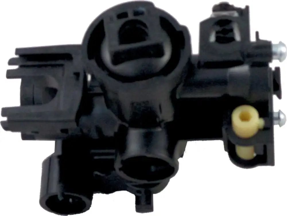 Hydraulikblock von Wolf, schwarz, mit mehreren Anschlüssen für eine Befülleinrichtung, zeigt verschiedene Adapter und Verbindungsstellen.
